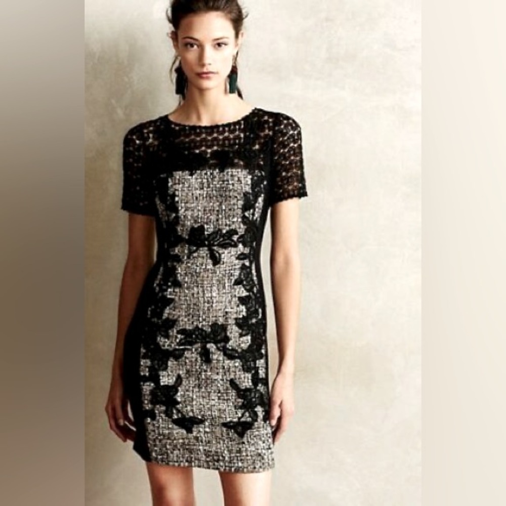 Anthropologie Moulinette Soeurs Black & Gray Lace Tweed Dress Size 0  XXS